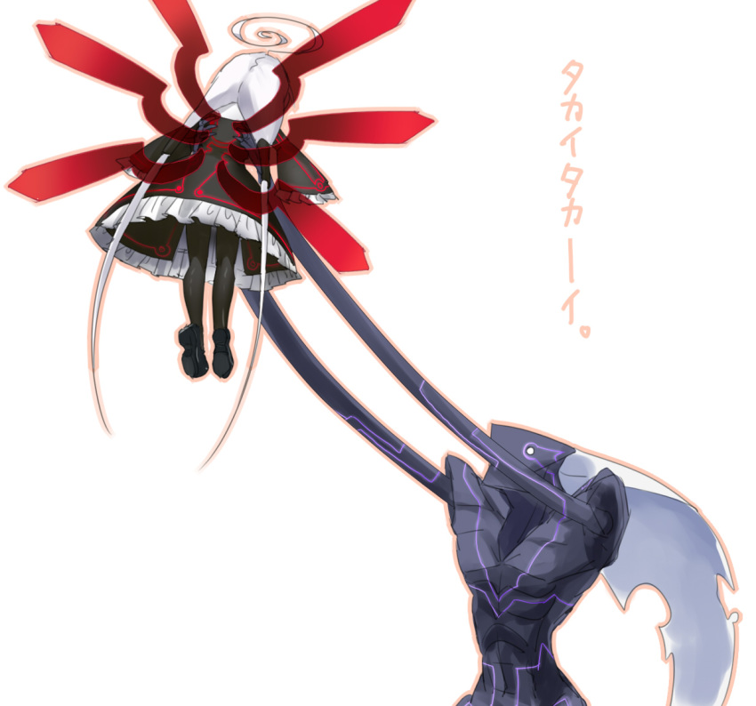 1boy, 1girl, ahoge, black_pantyhose, gothic_lolita, hard-translated, hetero, hug, huge_ahoge, lifting_person, lolita_fashion, long_hair, merkava_(under_night_in-birth), neon_trim, oversized_limbs, pantyhose, third-party_edit, twintails, under_night_in-birth, vatista_(under_night_in-birth), very_long_hair, white_hair, wings, yusano