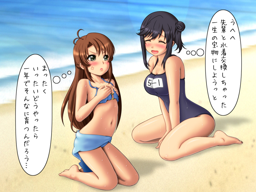 >:<, 2girls, :<, :d, ^_^, anger_vein, barefoot, beach, bikini, black_hair, breast_envy, brown_hair, closed_eyes, closed_mouth, cosplay, costume_switch, green_eyes, hands_on_own_chest, highres, ichijou_hotaru, ichijou_hotaru_(cosplay), kimuti-g, kneeling, koshigaya_komari, koshigaya_komari_(cosplay), lips, long_hair, multiple_girls, navel, non_non_biyori, o-ring, o-ring_top, one-piece_swimsuit, open_mouth, sarong, school_swimsuit, smile, speech_bubble, swimsuit, thought_bubble, translation_request, v-shaped_eyebrows