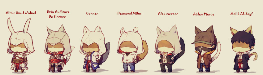 6+boys, aiden_pearce, alex_mercer, altair_ibn_la-ahad, animal_ears, assassin's_creed, assassin's_creed_(series), assassin's_creed_ii, assassin's_creed_iii, black_hair, cape, connor_kenway, crossover, desmond_miles, ezio_auditore_da_firenze, gloves, hat, highres, hood, hoodie, jacket, male_focus, malik_al-sayf, multiple_boys, prototype_(game), qi_hui, robe, tail, watch_dogs