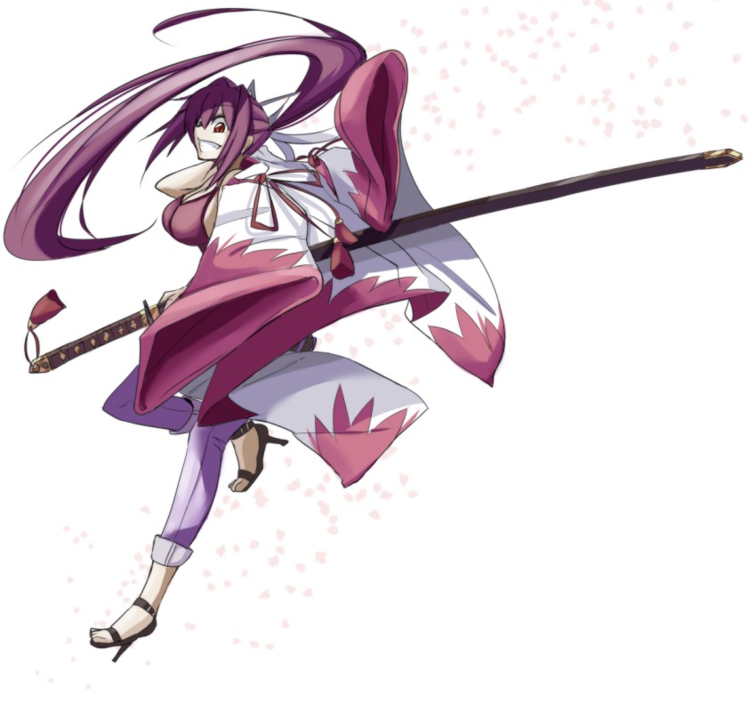 1girl, breasts, capri_pants, female_focus, grin, hair_ribbon, haori, high_heel_sandals, high_heels, huge_weapon, japanese_clothes, large_breasts, long_hair, nayakaiser, ootachi, pants, pants_rolled_up, petals, ponytail, purple_hair, red_eyes, ribbon, sandals, sideboob, smile, solo, stiletto_heels, under_night_in-birth, very_long_hair, weapon, yuzuriha_(under_night_in-birth)