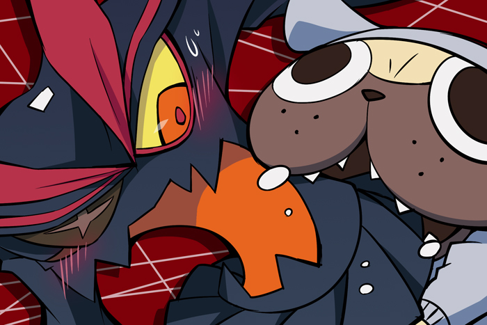 10s, biting, blush, dog, guts_(kill_la_kill), hood, hoodie, kamui_(kill_la_kill)