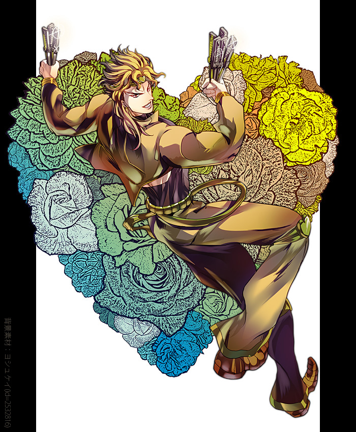 1boy, bad_id, bad_pixiv_id, blonde_hair, cropped_jacket, dio_brando, floral_background, flower