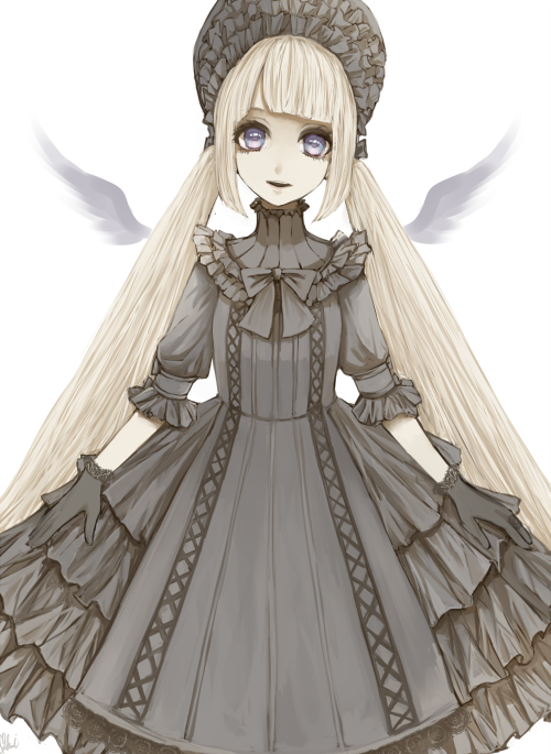 blonde_hair, bonnet, dress, frills, gloves, gothic_lolita, lolita_fashion, long_hair