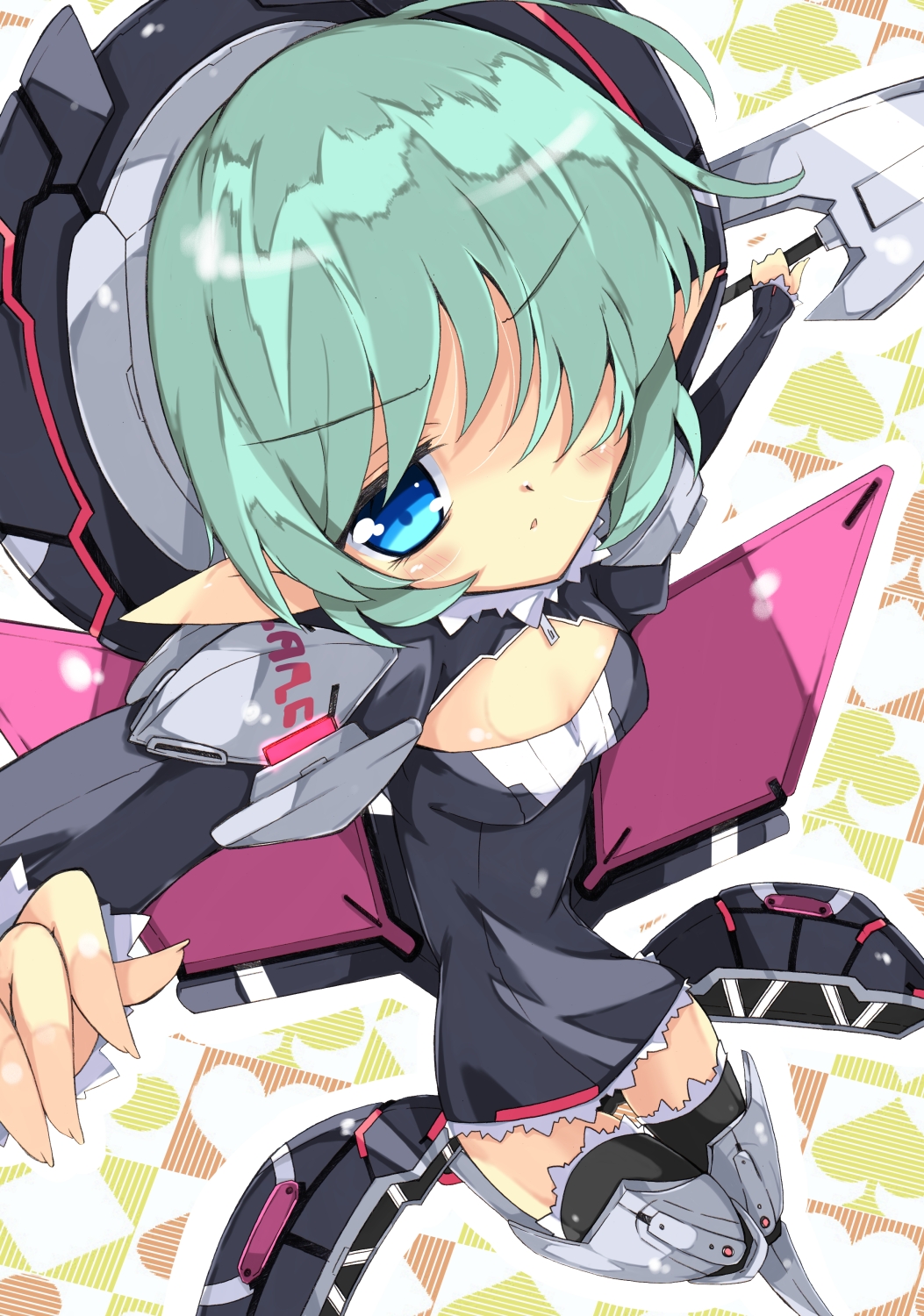 1girl, blue_eyes, blush, candy_crown, character_request, green_hair, hat, highres