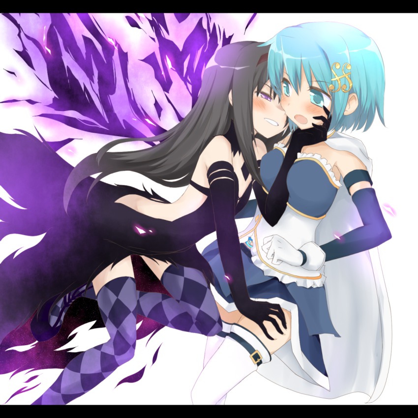 10s, 2girls, akemi_homura, akuma_homura, armband, bad_id, bad_pixiv_id, black_hair