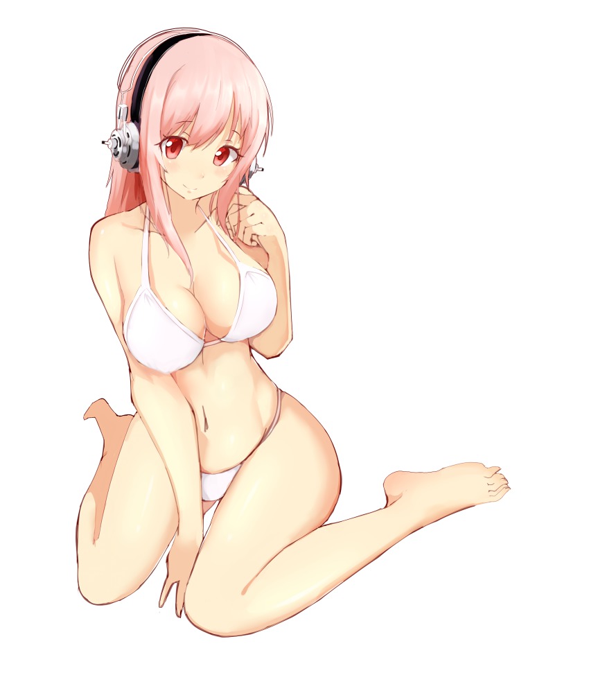 1girl, arm_support, bad_id, bad_pixiv_id, barefoot, bikini, blush, breasts