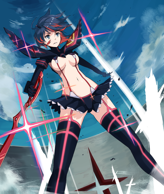 10s, 1girl, blue_sky, breasts, day, dutch_angle, female_focus, kill_la_kill, matoi_ryuuko, medium_breasts, multicolored_hair, navel, r_ean, rean_(r_ean), revealing_clothes, scissor_blade_(kill_la_kill), senketsu, short_hair, sky, solo, sword, thighhighs, two-tone_hair, weapon