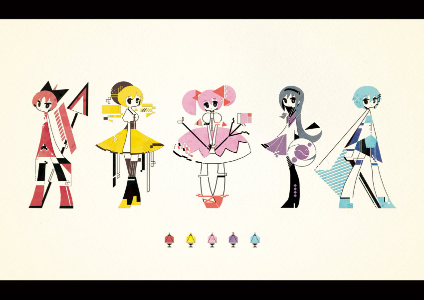 10s, 5girls, abstract, akemi_homura, akemi_homura_(magical_girl), art_deco, bare_shoulders, beret