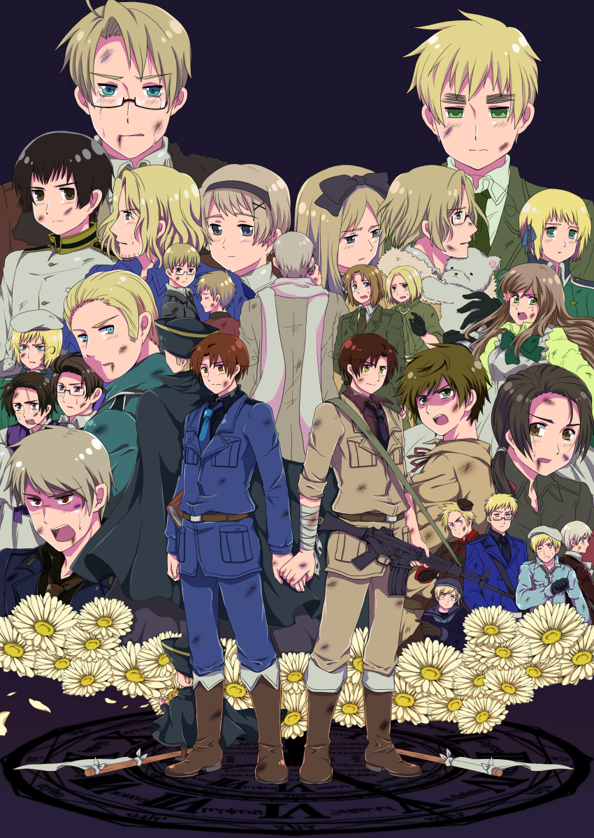 4girls, 6+boys, absurdres, ahoge, america_(hetalia), apron, aqua_eyes, ascot, austria_(hetalia), axis_powers_hetalia, bandages, bear, beard, belarus_(hetalia), belt, beret, blonde_hair, blue_eyes, blunt_bangs, blush, bob_cut, book, bow, bowtie, brown_eyes, brown_hair, bruise, buttons, canada_(hetalia), cape, cellphone, chibi, china_(hetalia), coat, collarbone, collared_shirt, colored_skin, cross, crying, crying_with_eyes_open, daisy_(flower), denmark_(hetalia), dress, empty_eyes, estonia_(hetalia), everyone, eyebrows, facial_hair, finland_(hetalia), flag, flower, france_(hetalia), germany_(hetalia), glasses, gloves, green_dress, green_eyes, grey_hair, grey_skin, gun, hair_bow, hair_flower, hair_ornament, hair_ribbon, hairclip, hat, hetaoni, highres, holding, holding_hands, holy_roman_empire_(hetalia), hungary_(hetalia), iceland_(hetalia), injury, japan_(hetalia), jewelry, korea_(hetalia), kumajirou_(hetalia), latvia_(hetalia), liechtenstein_(hetalia), lithuania_(hetalia), long_hair, looking_at_viewer, looking_back, machine_gun, magic_circle, military, military_uniform, multiple_boys, multiple_girls, necklace, necktie, northern_italy_(hetalia), norway_(hetalia), official_style, open_mouth, parody, parted_bangs, phone, pocket, poland_(hetalia), polar_bear, ponytail, prussia_(hetalia), puffy_sleeves, purple_dress, purple_hair, red_eyes, ribbon, russia_(hetalia), sam_browne_belt, scared, scarf, serious, shadow, shirt, short_hair, short_ponytail, shouting, sidelocks, southern_italy_(hetalia), spain_(hetalia), style_parody, sweat, sweden_(hetalia), swept_bangs, switzerland_(hetalia), tears, teeth, ukraine_(hetalia), united_kingdom_(hetalia), weapon, white_flag, yellow_eyes