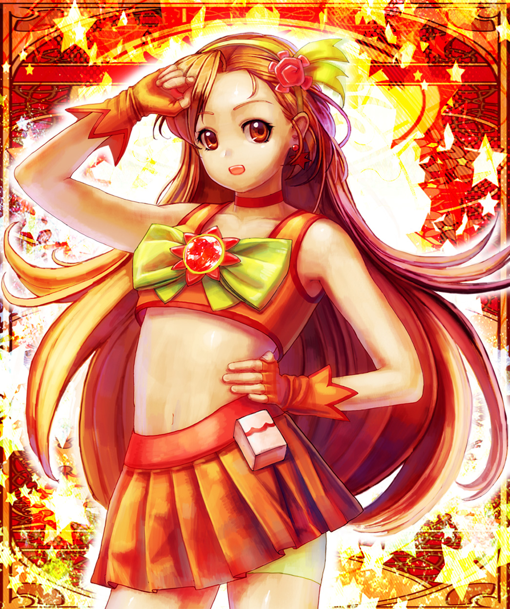 1girl, arm_up, bike_shorts, bike_shorts_under_skirt, borrowed_character, bow, brooch, brown_eyes