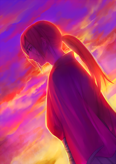 1boy, backlighting, bad_id, bad_pixiv_id, cloud, dutch_angle, evening, from_side
