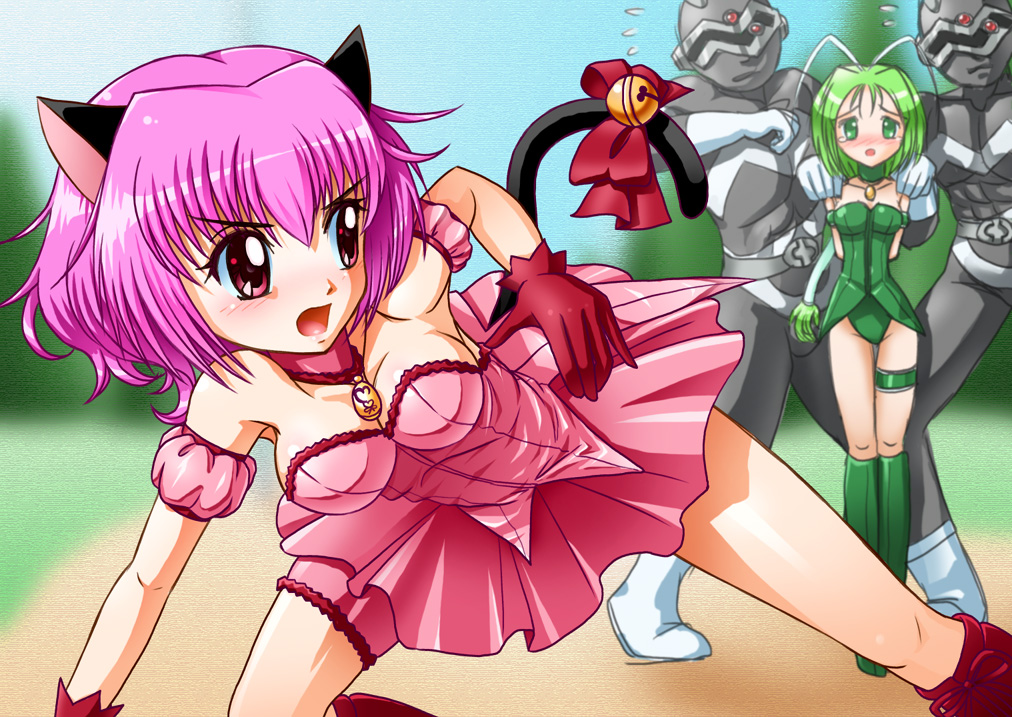 00s, 2boys, 2girls, animal_ears, bell, blush, breasts, cat_ears, cat_tail, green_eyes, green_hair, large_breasts, magical_girl, mew_ichigo, mew_lettuce, midorikawa_lettuce, momomiya_ichigo, multiple_boys, multiple_girls, obara_gaun, open_mouth, pink_eyes, pink_hair, short_hair, tail, tokyo_mew_mew