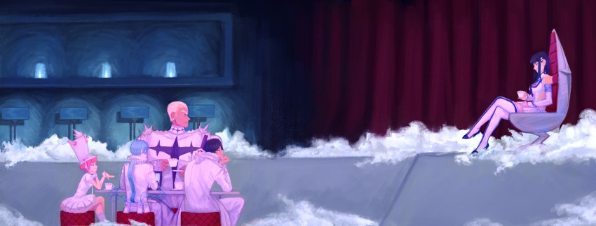 10s, 2girls, 3boys, bad_id, bad_pixiv_id, blonde_hair, blue_hair, cup, fog, gamagoori_ira, hat, highres, inumuta_houka, jakuzure_nonon, kill_la_kill, kiryuuin_satsuki, crossed_legs, multiple_boys, multiple_girls, pink_hair, rinny, sanageyama_uzu, shako_cap, sitting, stool, tea, winged_hat