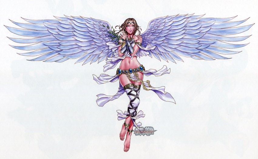 1girl, angel, angel_(tekken), anklet, barefoot, belt, bracer, brown_hair, circlet, detached_leggings, feathered_wings, female_focus, jewelry, lips, loincloth, long_hair, lots_of_jewelry, midriff, namco, navel, official_art, solo, tekken, tekken_2, tekken_tag_tournament, tekken_tag_tournament_2, watermark, white_background, wings, yamashita_shun'ya