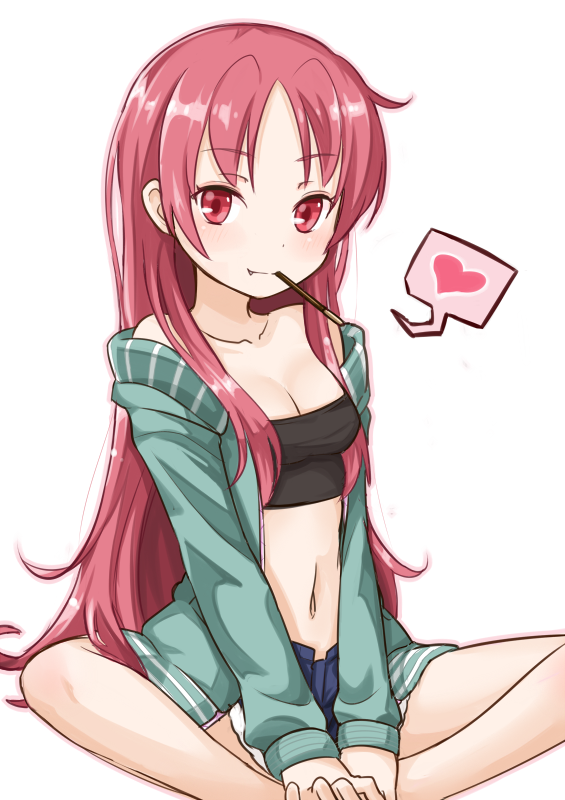 10s, 1girl, alternate_hairstyle, blush, breasts, cleavage, fang, female_focus