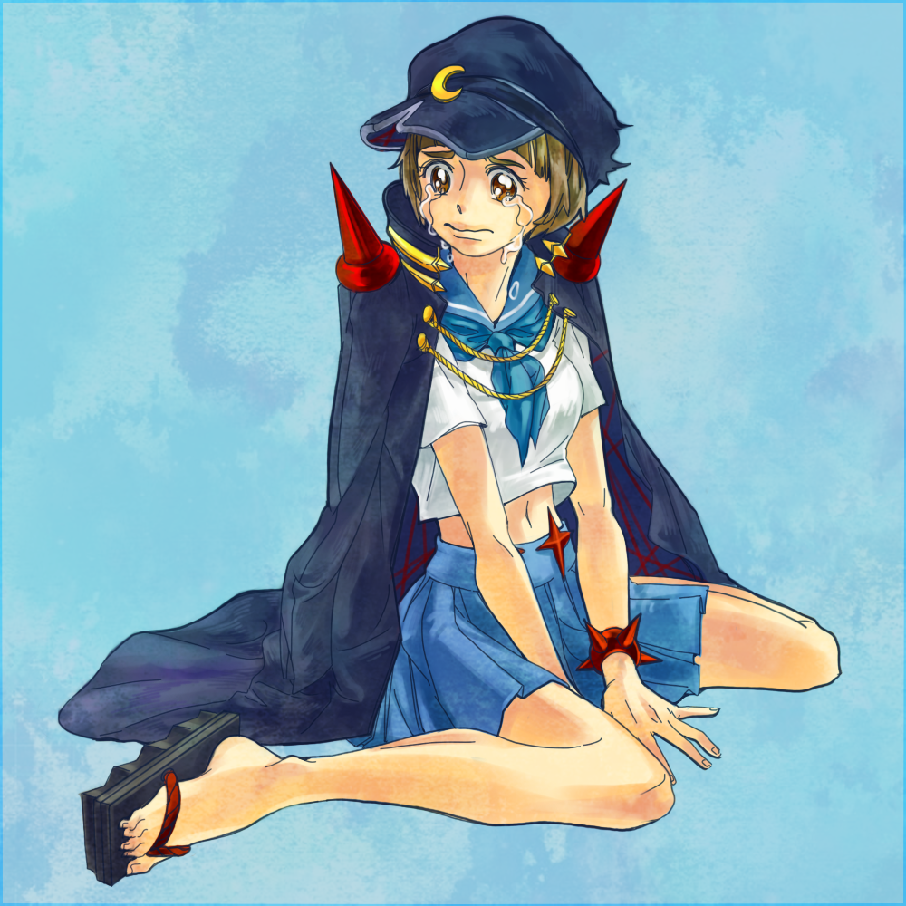 10s, 1girl, banchou, blue_sailor_collar, blue_skirt, bowl_cut, brown_eyes, brown_hair, celandine, coat, crescent, delinquent, female_focus, geta, hat, kill_la_kill, mankanshoku_mako, navel, rope, sailor_collar, school_uniform, serafuku, sitting, skirt, solo, spikes, spoilers, tears