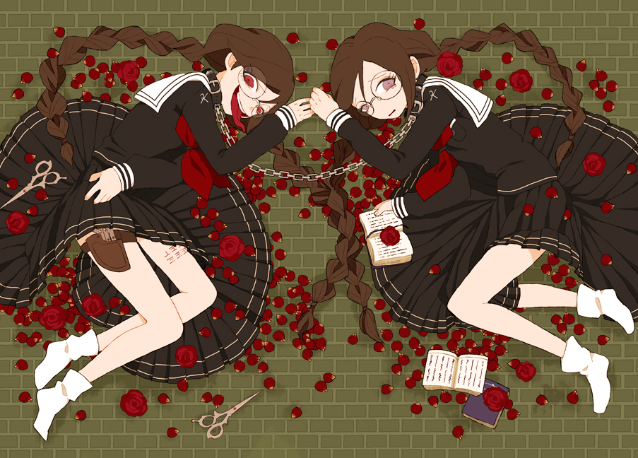 10s, 2girls, bad_id, bad_pixiv_id, body_writing, book, braid, brown_hair, chain, collar, danganronpa:_trigger_happy_havoc, danganronpa_(series), dual_persona, flower, fukawa_toko, genocider_sho, glasses, holster, long_hair, long_tongue, meily, multiple_girls, open_mouth, petals, red_eyes, red_petals, rose, school_uniform, scissors, serafuku, skirt, spoilers, tally, thigh_holster, tongue, tongue_out, twin_braids