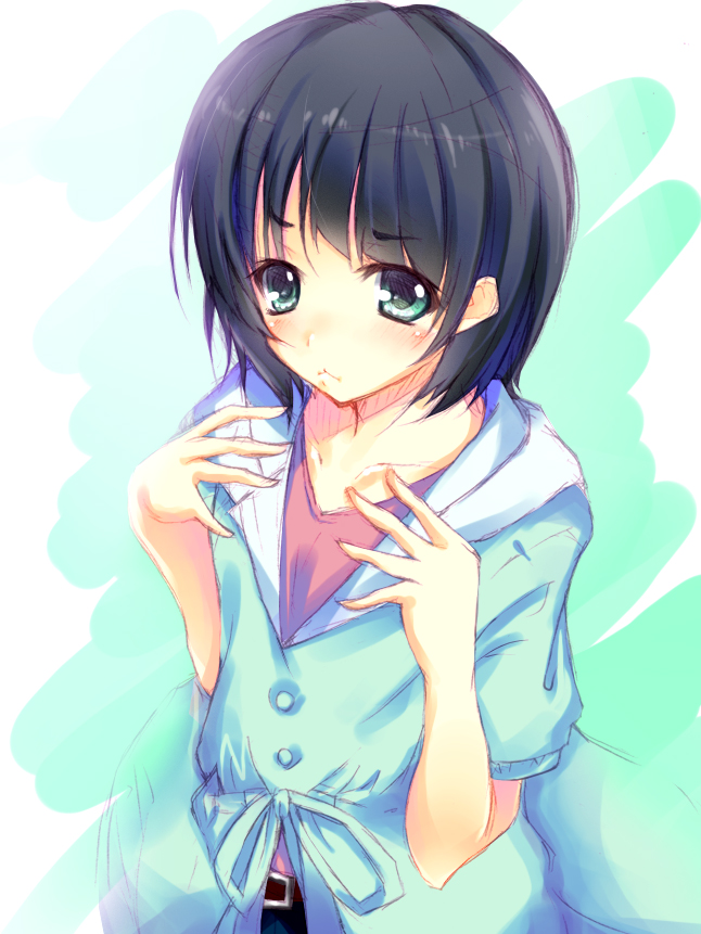 10s, 1girl, :<, aqua_eyes, black_hair, bob_cut, casual, child