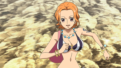 1girl, animated, animated_gif, bikini, black_eyes, bouncing_breasts, breasts, cleavage, female_focus, lowres, nami_(one_piece), navel, one_piece, one_piece:_strong_world, orange_hair, running, running_towards_viewer, short_hair, smile, solo, swimsuit, tattoo