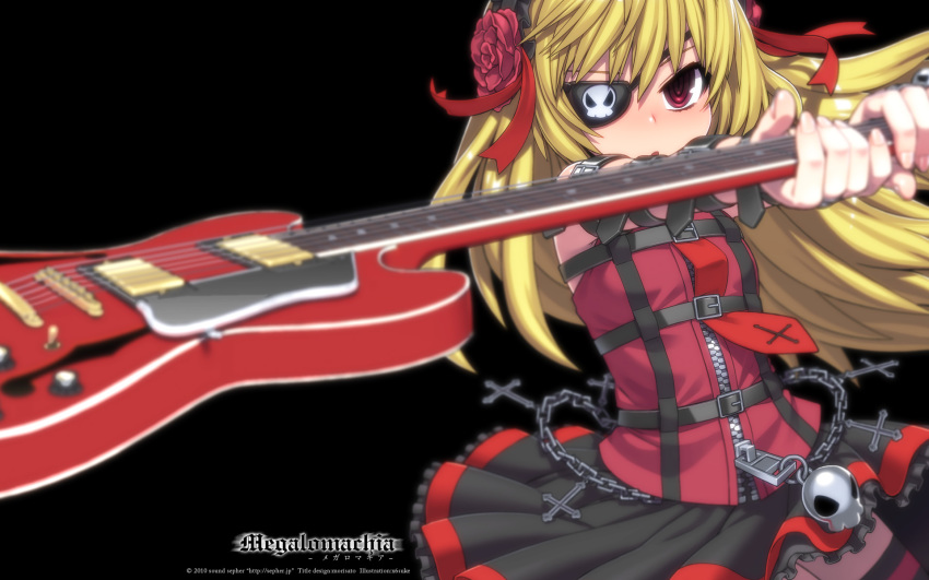 1girl, :o, black_background, blonde_hair, blurry, depth_of_field, electric_guitar, eyepatch
