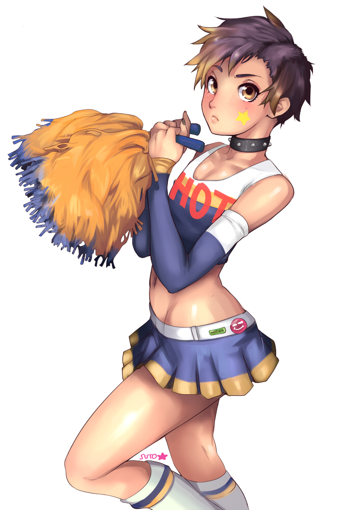 1boy, androgynous, artist_name, ashley_hamilton, belt, blonde_hair, blush, cheerleader, choker, crop_top, crossdressing, crossdressing_(mtf), detached_sleeves, frown, looking_at_viewer, male_focus, miniskirt, multicolored_hair, nail_polish, original, pom_pom_(cheerleading), purple_hair, short_hair, side_shave, simple_background, skirt, solo, toxxy, trap, two-tone_hair, white_background, yellow_eyes