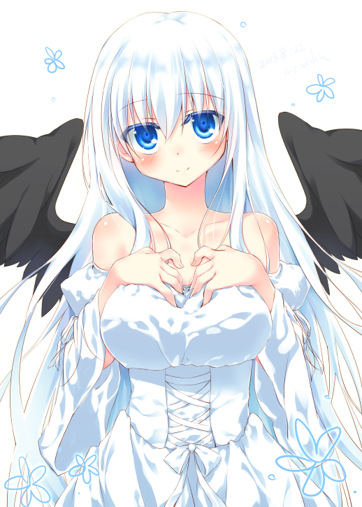 1girl, angel_wings, bad_id, bad_pixiv_id, bare_shoulders, black_wings, blue_eyes, blush, breasts, dress, female_focus, fiira_(inose_riku), flower, hands_on_own_chest, inose_riku, large_breasts, long_hair, looking_at_viewer, original, simple_background, smile, solo, strapless, strapless_dress, very_long_hair, white_background, white_dress, white_hair, wings