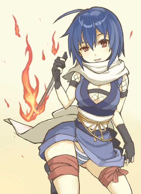 1girl, ahoge, blue_hair, breasts, cleavage, female_focus, fingerless_gloves, fire
