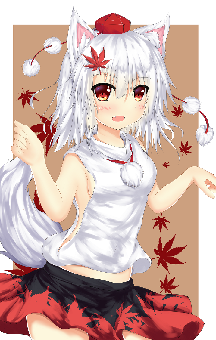 1girl, animal_ears, bare_arms, blush, breasts, fang, female_focus, hair_ornament, hand_up, hat, inubashiri_momiji, leaf, leaf_hair_ornament, leaf_print, looking_at_viewer, maple_leaf, midriff, mikage000, mikagemaru_(mikage000), open_mouth, pom_pom_(clothes), red_eyes, shirt, short_hair, sideboob, skirt, sleeveless, sleeveless_shirt, small_breasts, solo, tail, tan_background, tokin_hat, touhou, white_hair, wolf_ears, wolf_tail