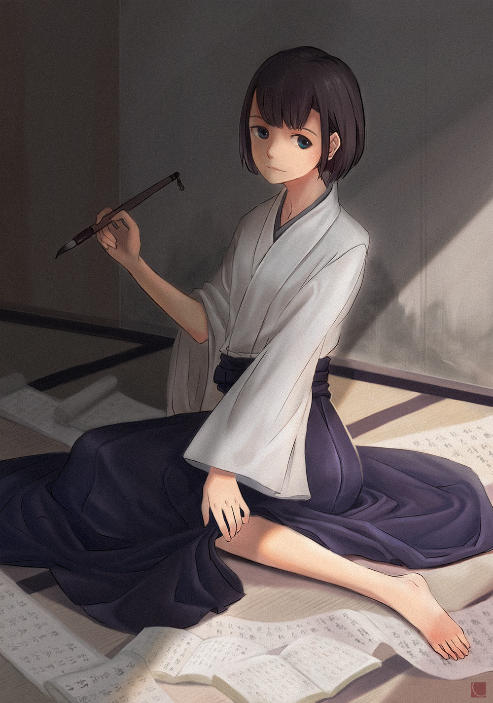 1girl, barefoot, blue_eyes, brown_hair, brush, carv, female_focus, hakama, hakama_skirt, highres, japanese_clothes, kimono, mushishi, scroll, short_hair, sitting, skirt, solo, tanyuu_(mushishi), tanyuu_karibusa