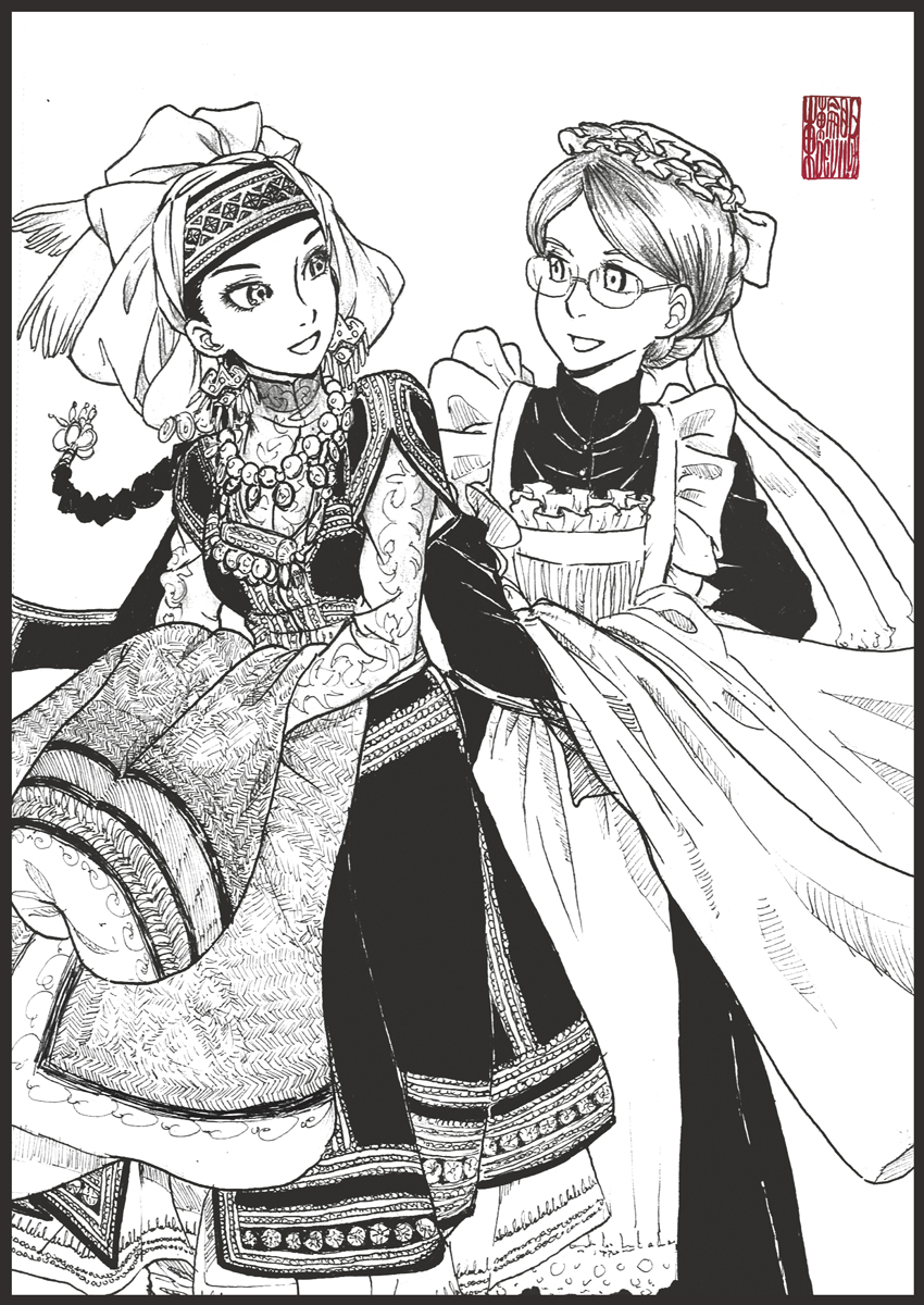 00s, 2girls, amir_halgal, clothes, creator_connection, crossover, emma, emma_(victorian_romance_emma)