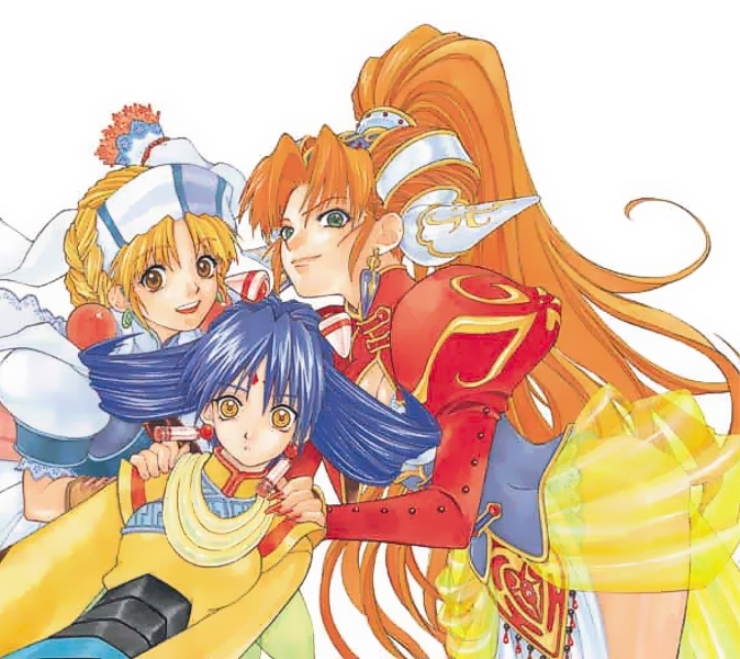 3girls, bent_over, blonde_hair, blue_hair, brown_eyes, earrings, elena_(grandia), game_arts