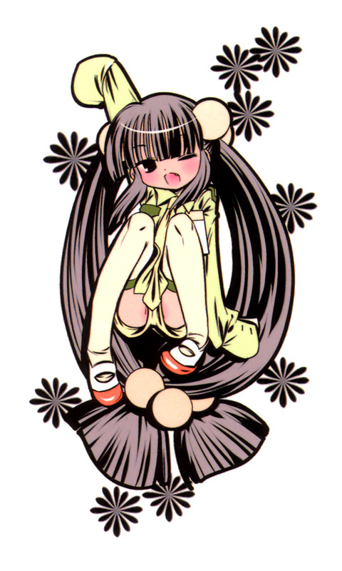 1girl, black_eyes, blush, braid, brown_hair, cosplay, fang, fangs, female_focus, flat_chest, flower, hair_bobbles, hair_ornament, kagami_kuro, kodomo_no_jikan, kokonoe_rin, kokonoe_rin_(cosplay), loli, long_hair, official_art, one_eye_closed, ribbon, shoes, solo, sphere_hair_ornament, thighhighs, twintails, uwabaki, very_long_hair, watashiya_kaworu, wink, zettai_ryouiki