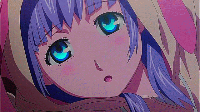 10s, 1girl, all_fours, animal_hat, animated, animated_gif, bed, blue_eyes, blush, close-up, curtains, female_focus, hat, hood, hoodie, indoors, looking_at_viewer, open_mouth, pajamas, pillow, plant, purple_hair, shorts, solo, sudou_cecil, umetsu_yasuomi, window, wizard_barristers:_benmashi_cecil