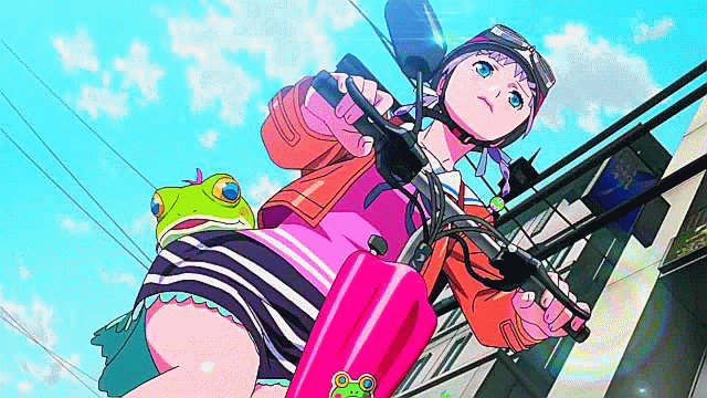 10s, animated, animated_gif, blue_eyes, frog, nanajiinyi, purple_hair, skirt
