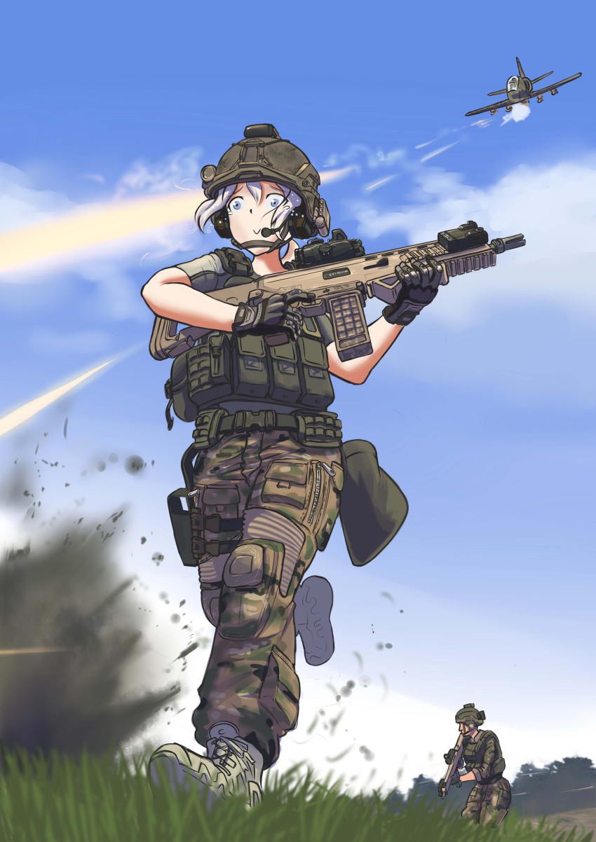 1girl, :>, absurdres, ammunition_pouch, arma_(series), arma_3, assault_rifle, blue_eyes, body_armor, boots, camouflage, erica_(naze1940), gloves, gun, headset, helmet, highres, load_bearing_vest, military, military_combat_uniform, military_operator, military_uniform, pouch, rifle, silver_hair, soldier, surprised, tears, weapon, woodland_camouflage