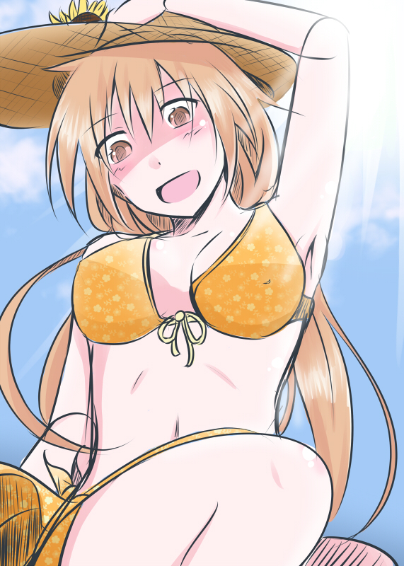 1girl, arm_up, armpits, bikini, breasts, brown_eyes, brown_hair, female_focus, flower, hat, long_hair, open_mouth, orange_bikini, original, solo, sunflower, swimsuit, tokiniwa_yuuki, vellark