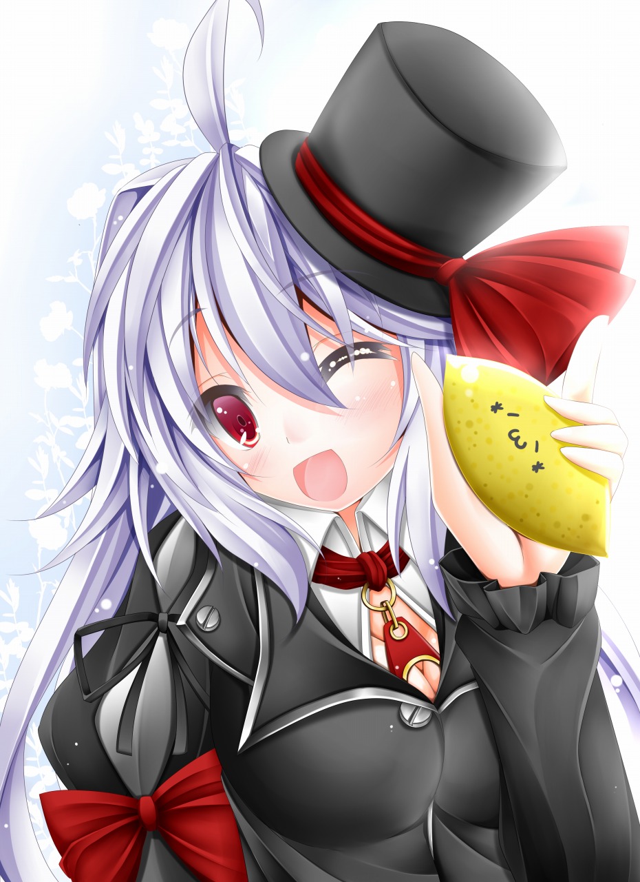 1girl, blush, bow, breasts, emoticon, female_focus, food, fruit