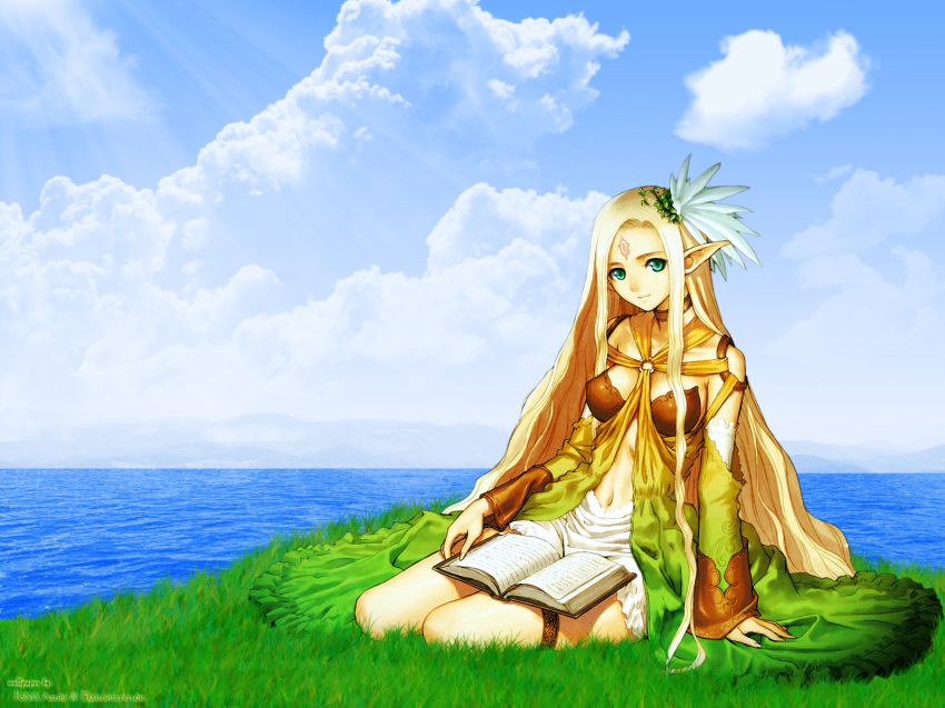 blonde_hair, blue_eyes, book, breasts, celestia, elf, eternal_forest's_chanting, eye_contact
