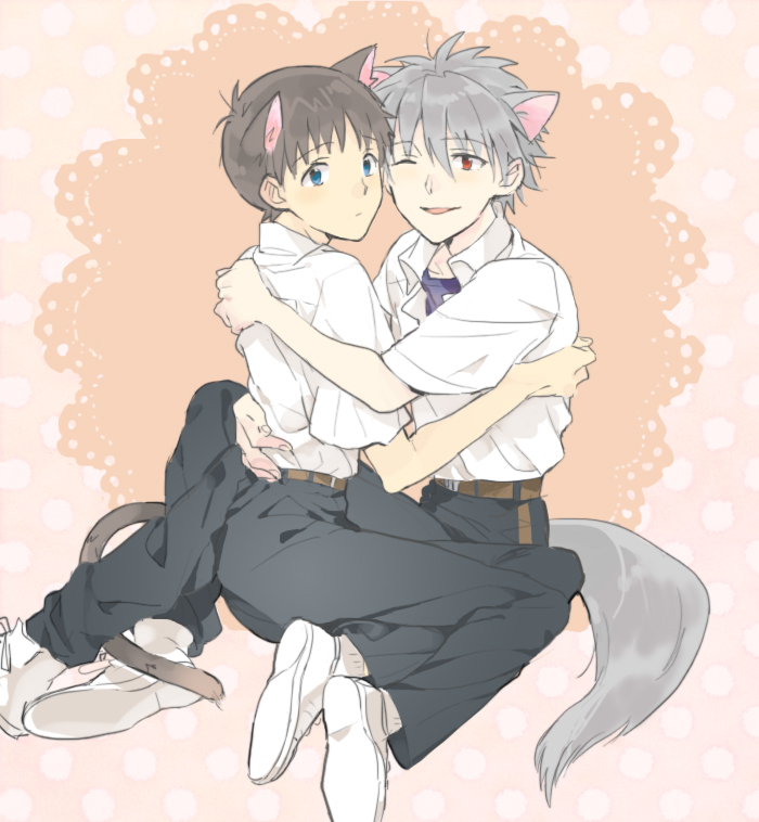 2boys, animal_ears, blue_eyes, brown_hair, cat_boy, cat_ears, cat_tail, fujiharu_(akamine)