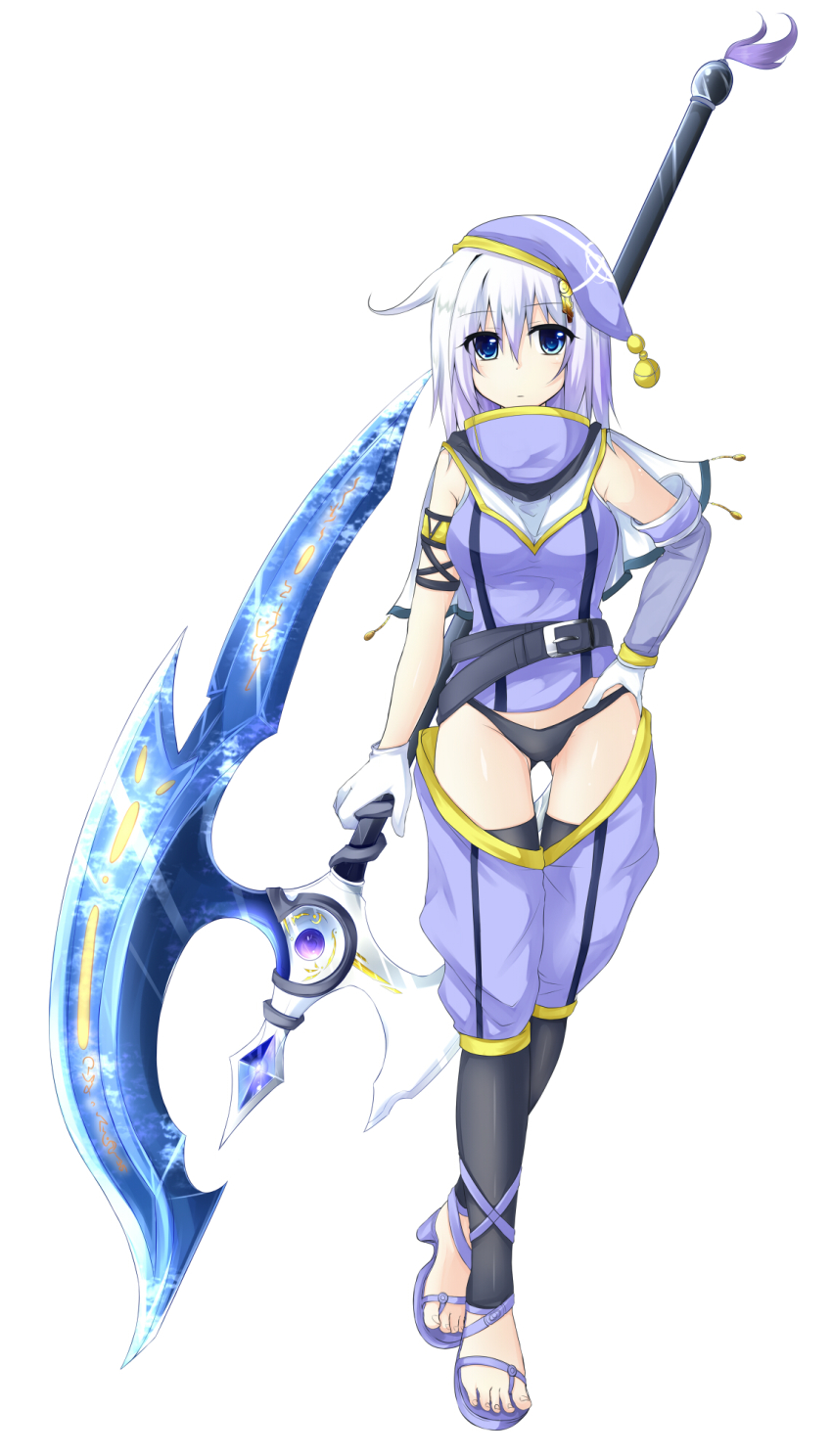 1girl, blue_eyes, breasts, female_focus, hand_on_own_hip, highres, huge_weapon, le_ciel_bleu_(vellark), looking_at_viewer, luthier_blau, original, pixiv_mahou_gakuen, simple_background, solo, thigh_gap, vellark, weapon, white_background