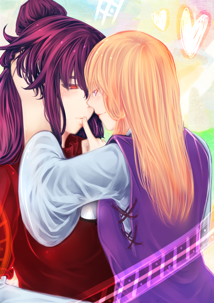 2girls, blonde_hair, dress, finger_to_another's_mouth, hair_bun, hand_in_another's_hair, heart, highres