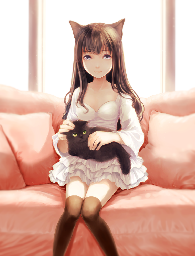 1girl, animal, animal_ears, animal_on_lap, black_thighhighs, blue_eyes, brown_hair, cat