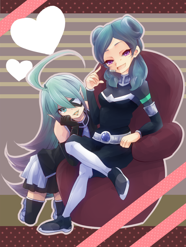 10s, 2girls, armband, beta_(inazuma_eleven), blue_hair, breasts, elbow_gloves, eyepatch