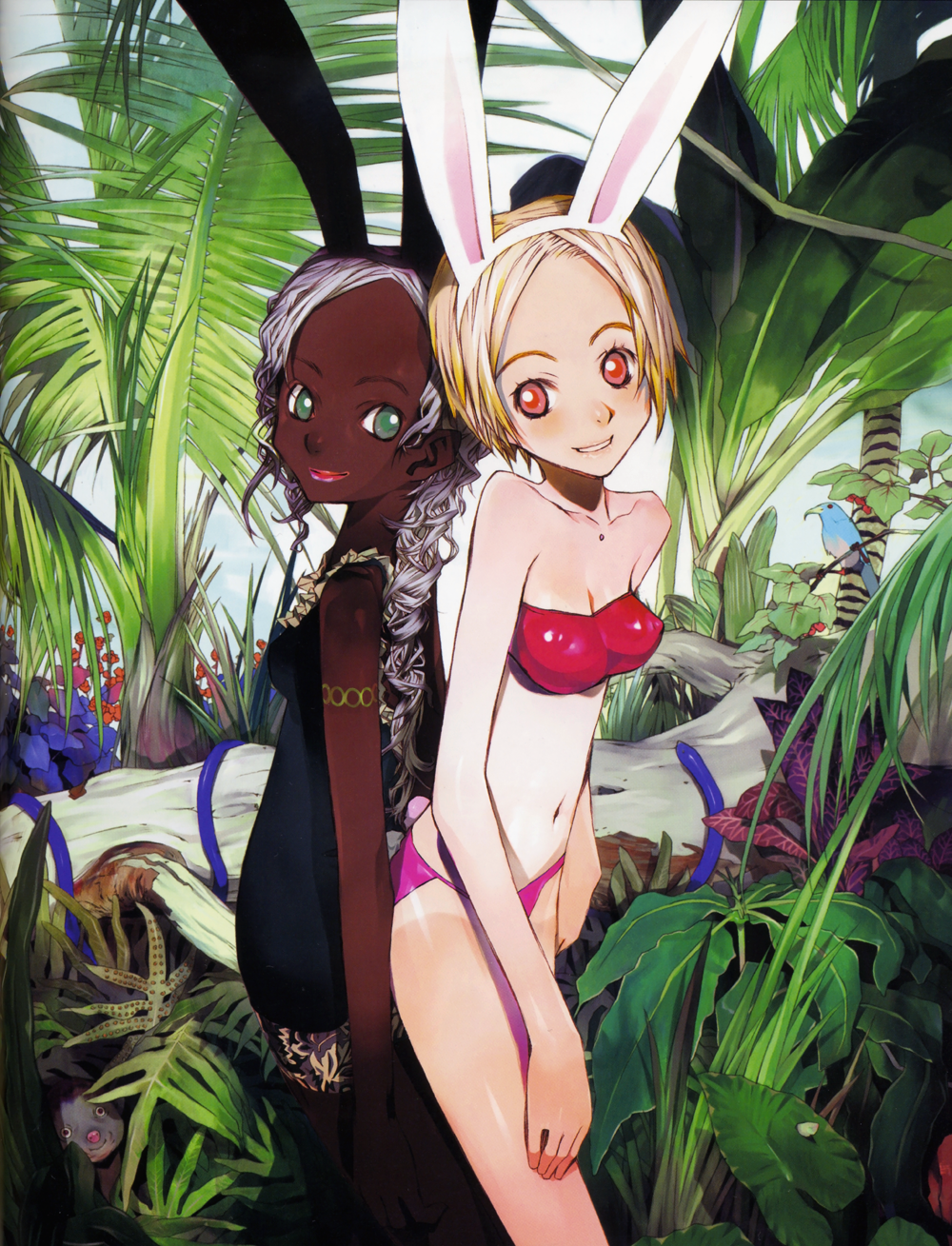 2girls, animal_ears, artbook, back-to-back, bandeau, bikini, bird, black_dress