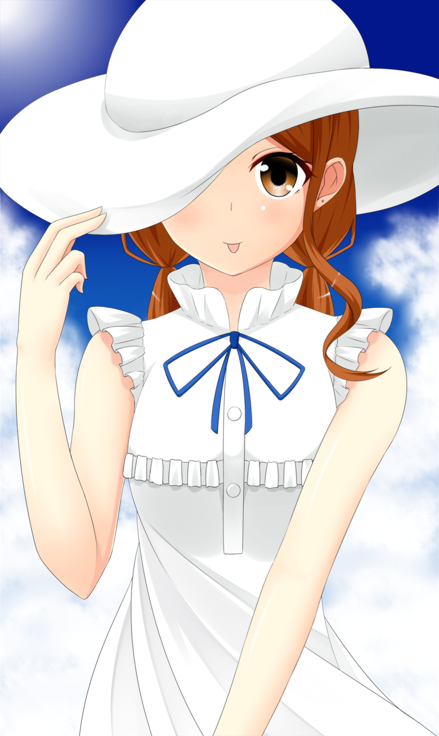 1girl, :p, anjou_naruko, ano_hi_mita_hana_no_namae_wo_bokutachi_wa_mada_shiranai., bad_id, bad_pixiv_id, brown_eyes, brown_hair, cosplay, dress, female_focus, flower, hand_on_headwear, hat, highres, honma_meiko, honma_meiko_(cosplay), long_hair, potsunen, solo, sun_hat, tongue, tongue_out, twintails