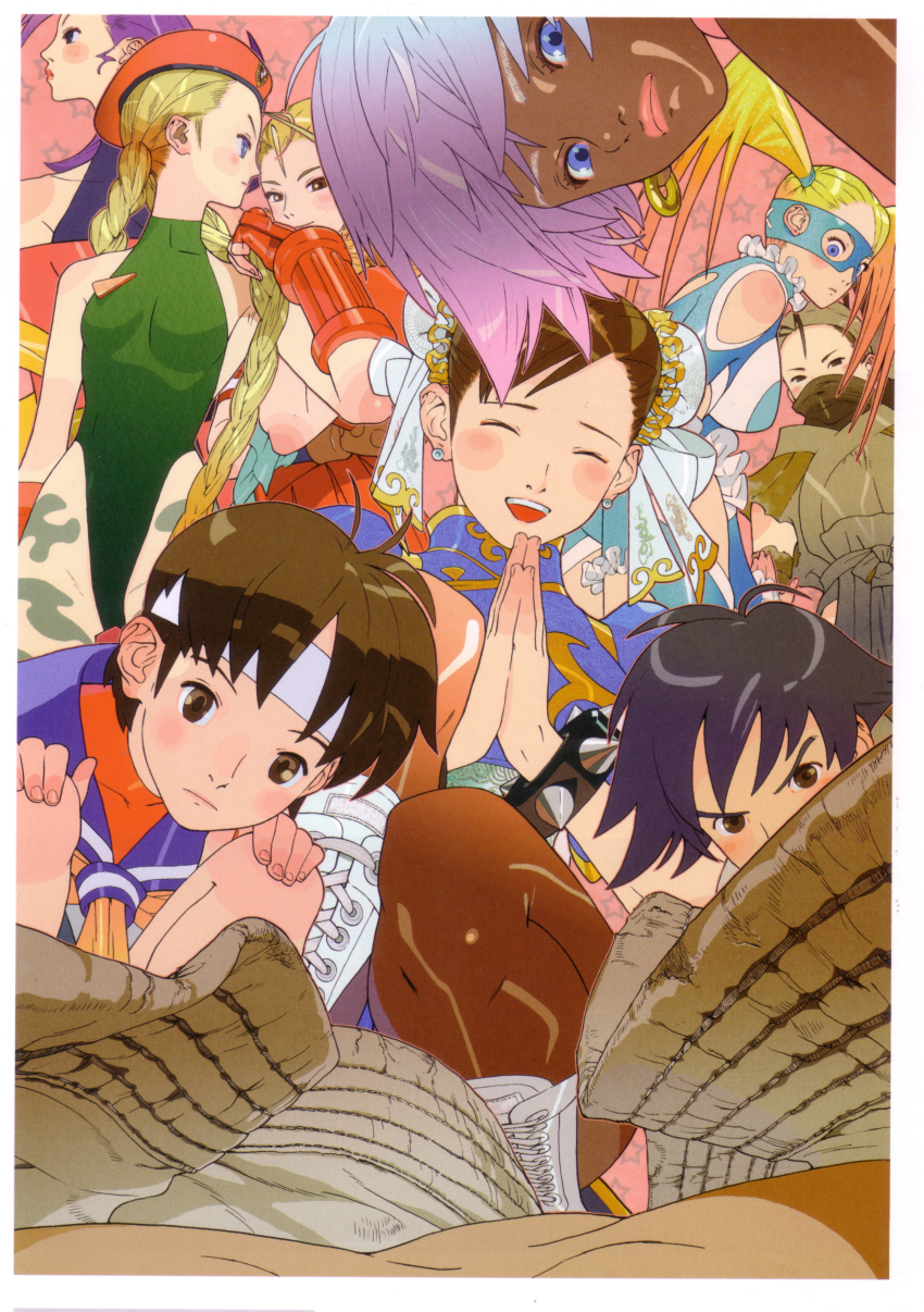 1990s_(style), 1boy, 6+girls, absurdres, ahoge, antenna_hair, bare_shoulders, bengus