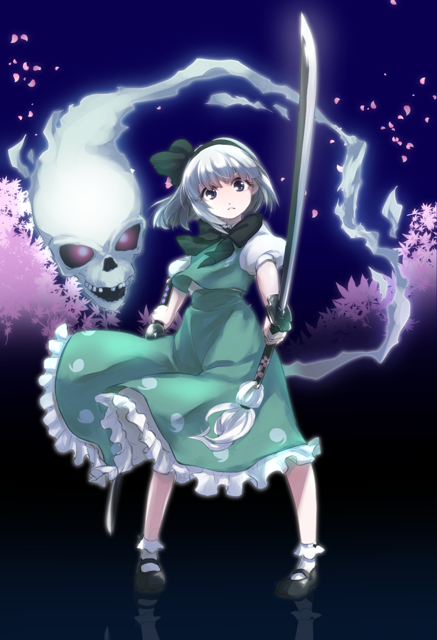 1girl, beroberoba_(artist), bow, cherry_blossoms, dual_wielding, female_focus, grey_hair, hair_ribbon, hairband, highres, hitodama, hk_tagosaku, holding, konpaku_youmu, petals, reflection, ribbon, short_hair, skull, solo, sword, touhou, weapon