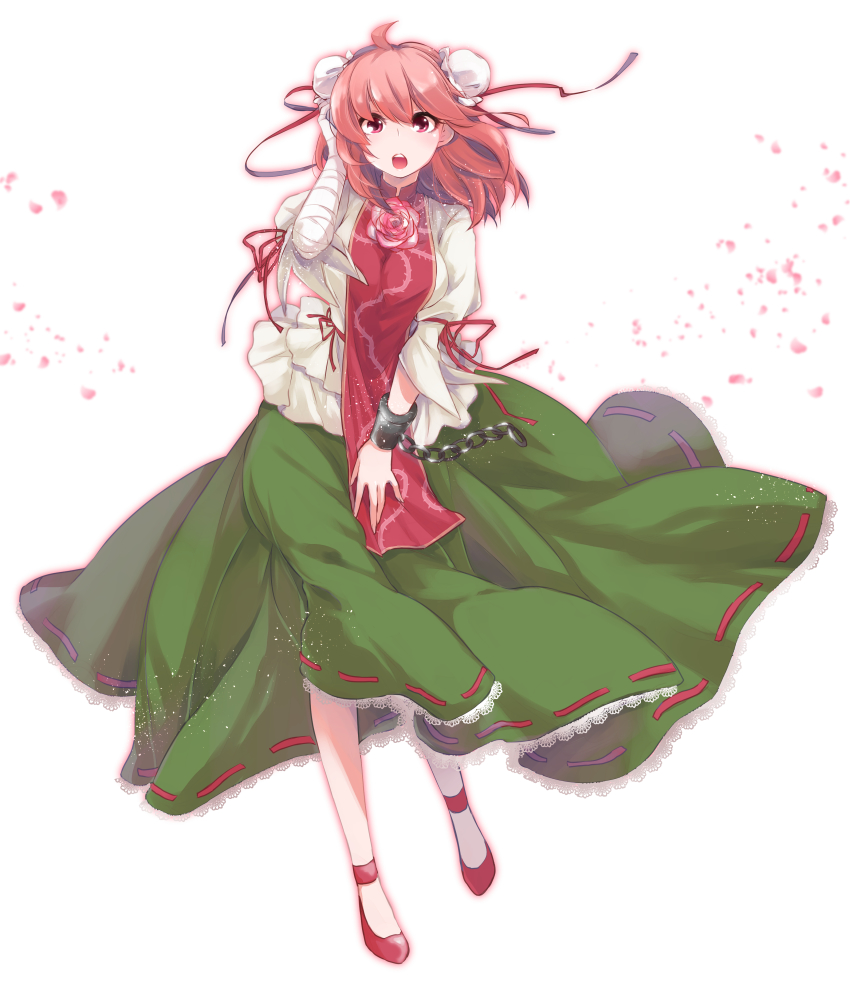 1girl, absurdres, ahoge, bandages, beroberoba_(artist), bun_cover, chain, double_bun, dress, female_focus, flower, hair_bun, highres, hk_tagosaku, ibaraki_kasen, open_mouth, petals, pink_eyes, pink_hair, rose, solo, touhou