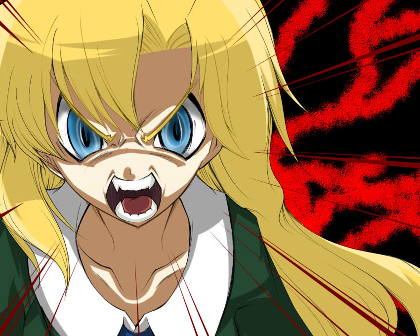 1girl, blonde_hair, blue_eyes, collarbone, crazy_eyes, female_focus, higurashi_no_naku_koro_ni, ib_(kouri)