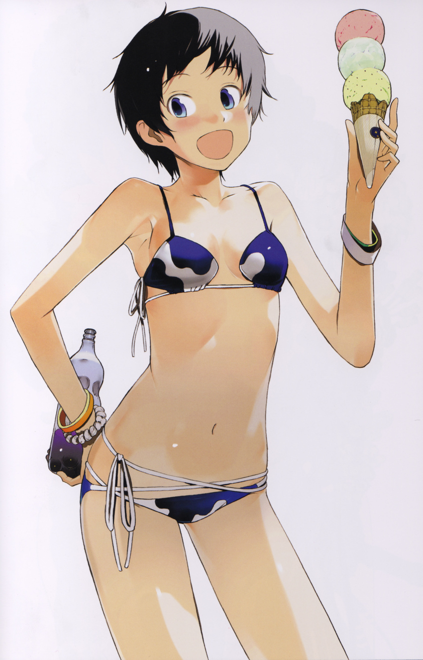 1girl, absurdres, androgynous, bikini, black_hair, blue_bikini, blue_eyes, blush, bottle, bracelet, breasts, drink, female_focus, food, hand_on_own_hip, highres, ice_cream, jewelry, navel, okama, open_mouth, original, scan, short_hair, side-tie_bikini_bottom, small_breasts, smile, solo, swimsuit